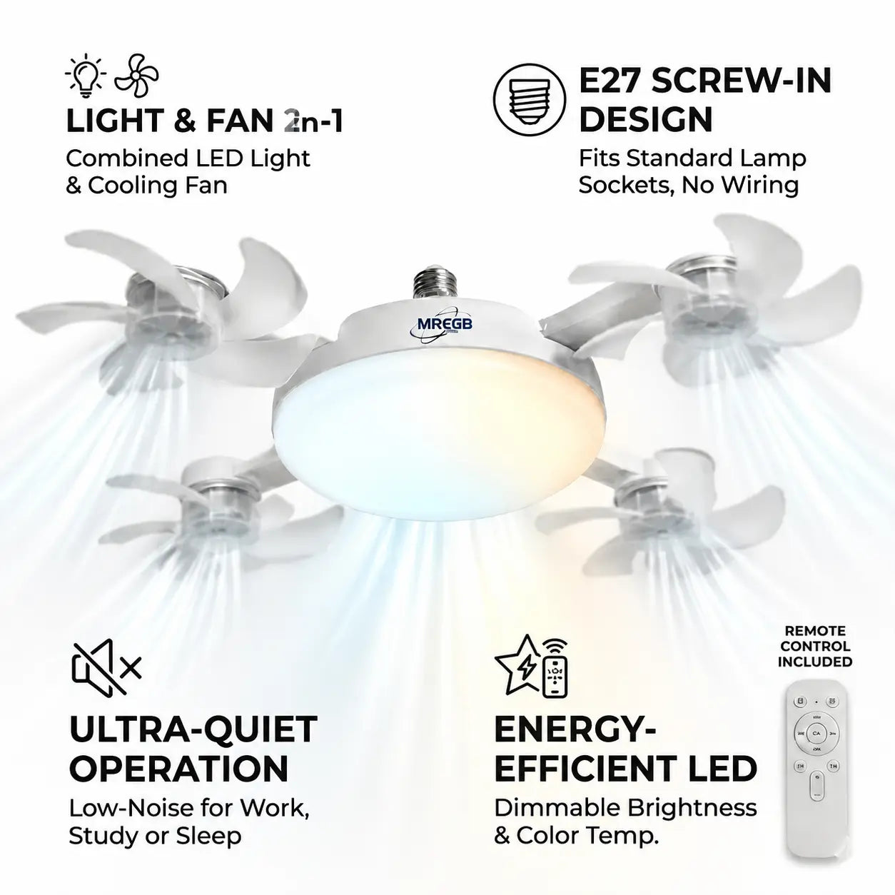MREGB 2026 New Socket Fan Light, Screw-In Ceiling Fan with Light and Remote Control, 2-In-1 E27 Dimmable LED Small Light Bulb Fan, Ultra-Quiet Energy-Saving Cooling Fan for Bedroom, Kitchen, Garage