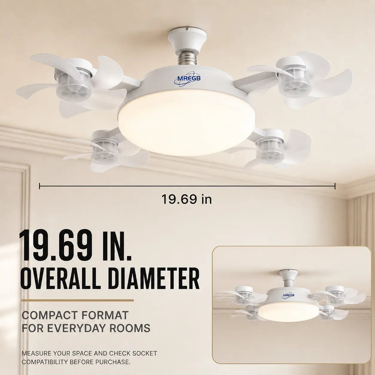 MREGB 2026 New Socket Fan Light, Screw-In Ceiling Fan with Light and Remote Control, 2-In-1 E27 Dimmable LED Small Light Bulb Fan, Ultra-Quiet Energy-Saving Cooling Fan for Bedroom, Kitchen, Garage