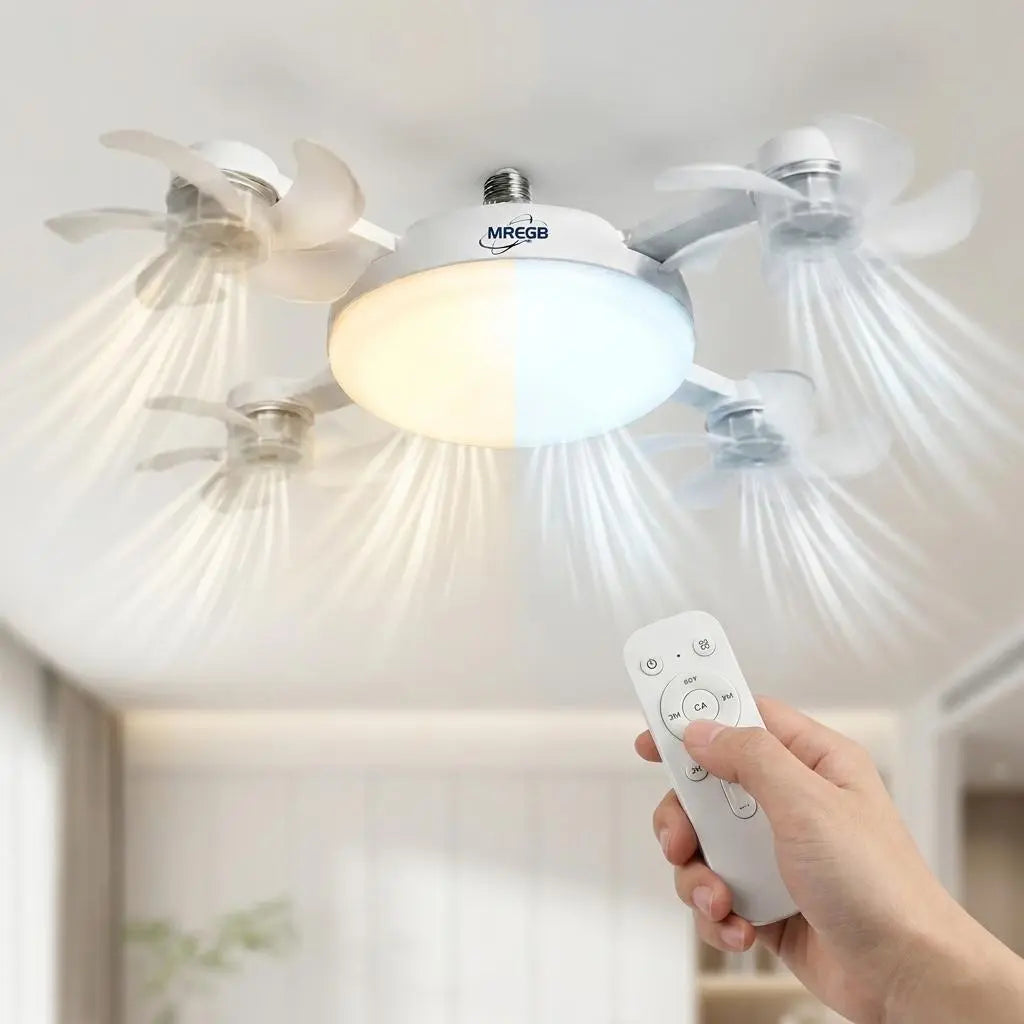 MREGB 2026 New Socket Fan Light, Screw-In Ceiling Fan with Light and Remote Control, 2-In-1 E27 Dimmable LED Small Light Bulb Fan, Ultra-Quiet Energy-Saving Cooling Fan for Bedroom, Kitchen, Garage